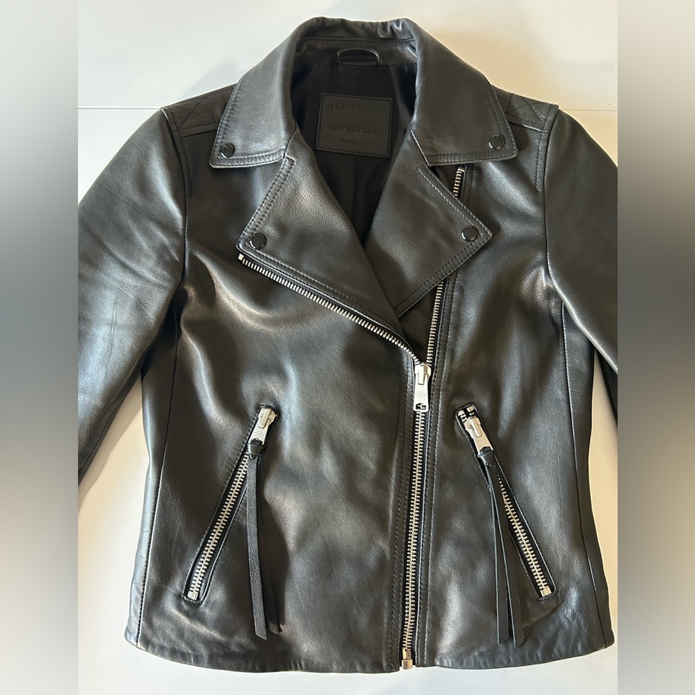 All Saints DALBY SLIM FIT LEATHER BIKER JACKET US2 - Picture 4 of 8